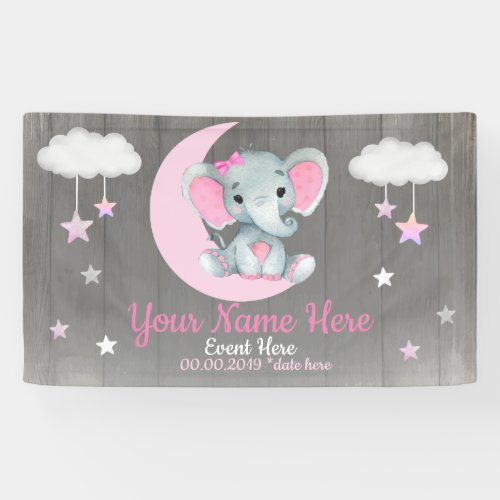 Elephant Girl Backdrop Moon Stars Pink Name Stars Banner