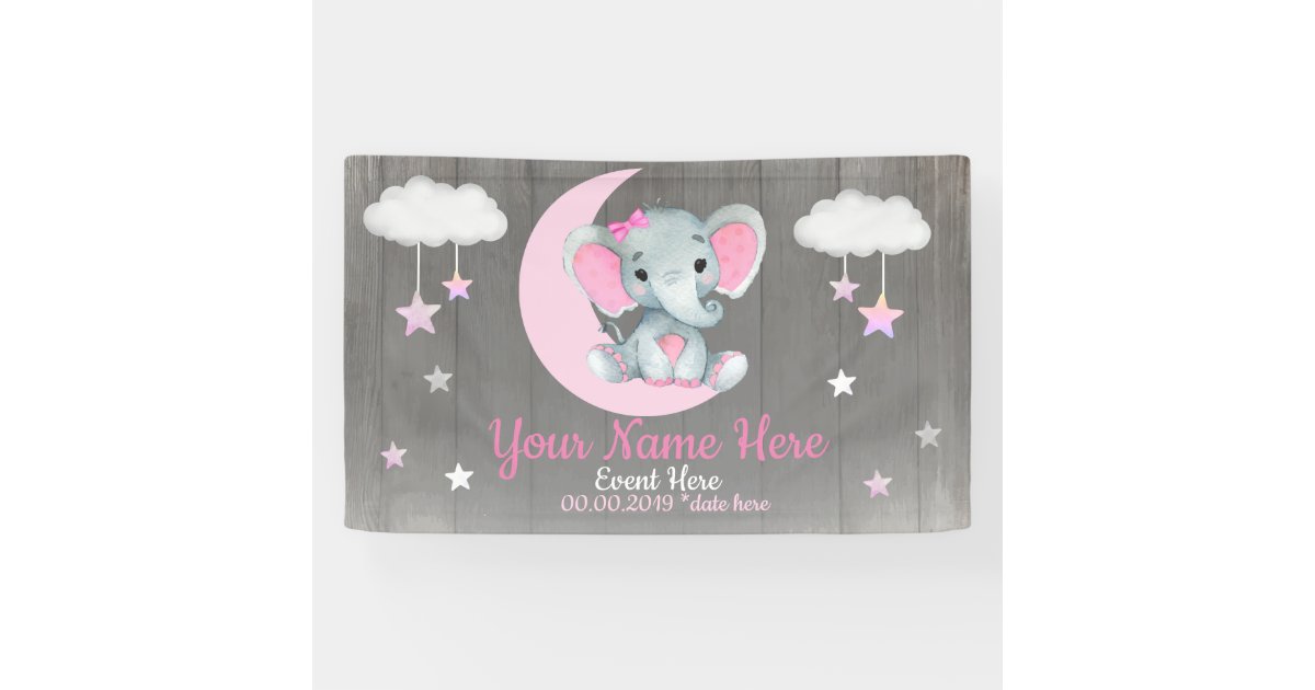 Elephant Girl Backdrop Moon Stars Pink Name Stars Banner