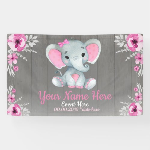 Elephant Girl Backdrop Pink Name Rustic Flowers Banner