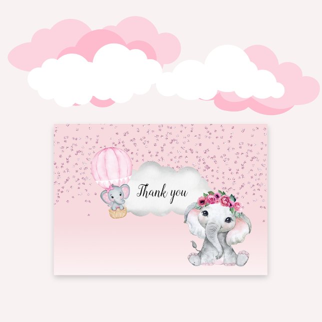 Elephant Girl Balloon Baby Shower Thank You Card (Creator Uploaded)