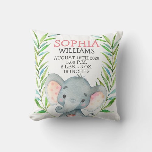 Elephant Girl Birth Stats Jungle Safari Nursery Throw Pillow