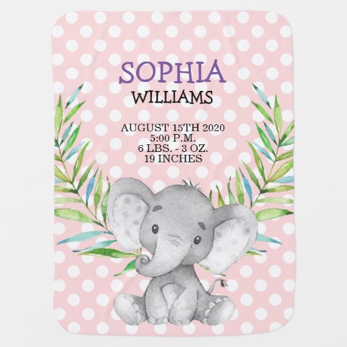 Elephant Girl Birth Stats Safari Jungle Cute Baby Blanket