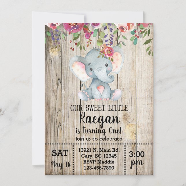 Elephant girl birthday invitation, white wood. invitation (Front)