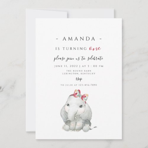 Elephant Girl First Birthday elephant turning one Invitation