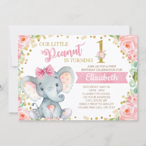 Elephant Girl First Birthday Party Invitation
