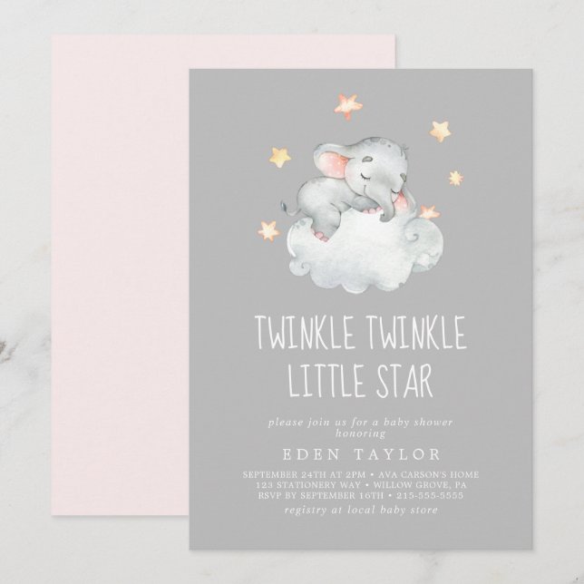 Elephant Girl | Gray Twinkle Twinkle Little Star Invitation (Front/Back)