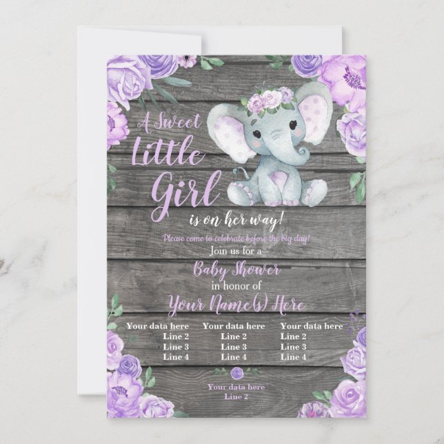 Elephant Girl Invitation, Floral rustic, purple Invitation (Front)