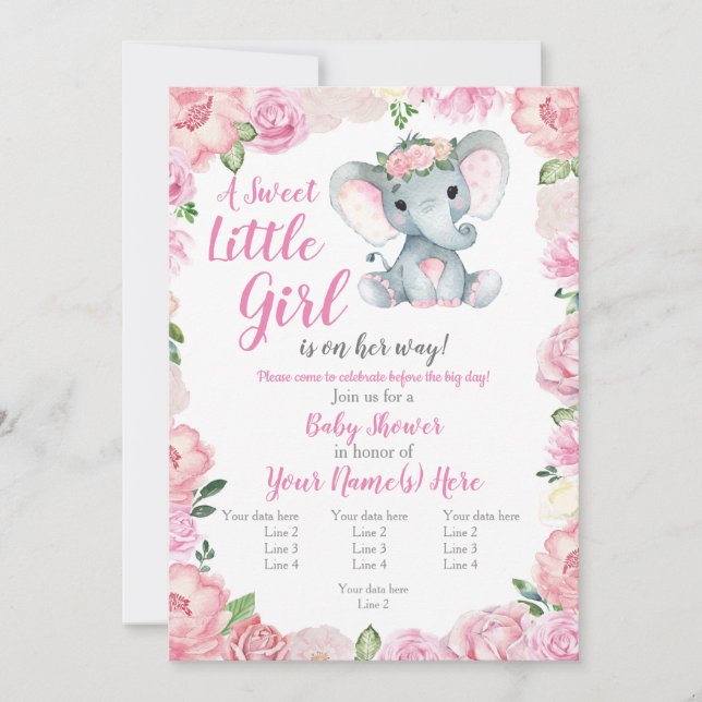 Elephant Girl Invitation, rose rustic, pink Invitation (Front)