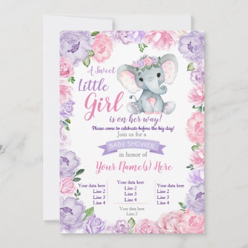 Elephant Girl Invitation rustic purple pink