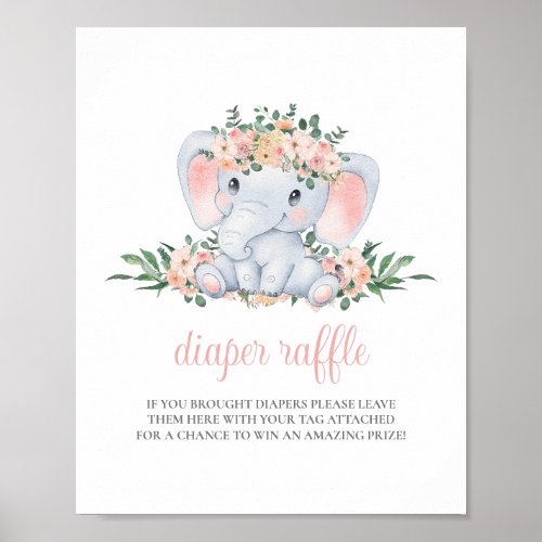 Elephant Girl Pink Baby Shower Diaper Raffle Sign