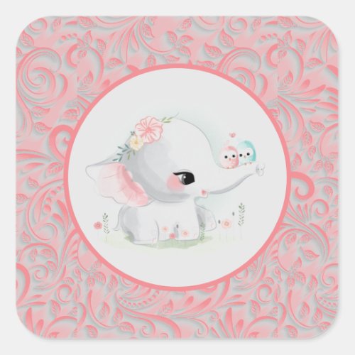 Elephant Girl Pink Baby Shower Square Sticker