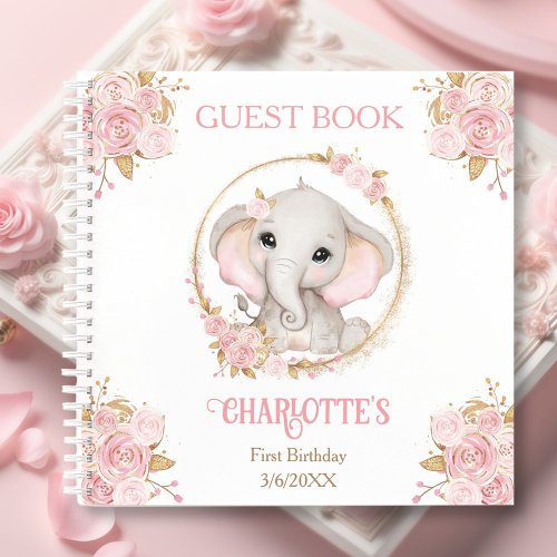 Elephant Girl Pink Floral 1st Birthday Guest Book
