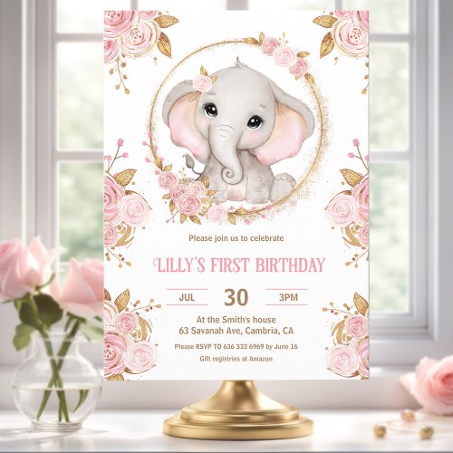 Elephant Girl Pink Floral 1st Birthday Invitation