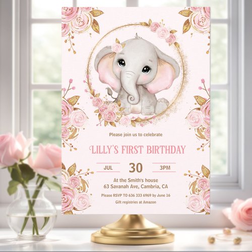 Elephant Girl Pink Floral 1st Birthday Invitation