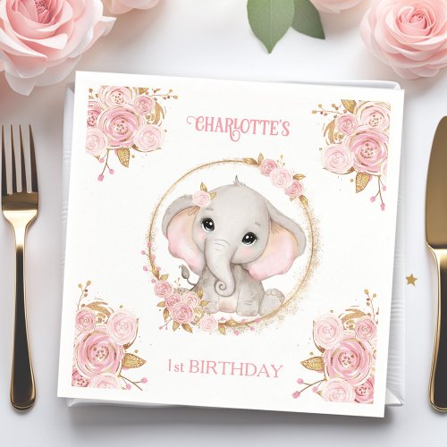 Elephant Girl Pink Floral 1st Birthday Napkins