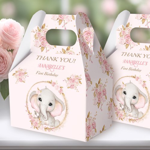 Elephant Girl Pink Gold Floral 1st Birthday Favor Boxes