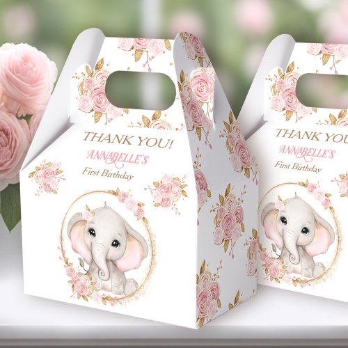 Elephant Girl Pink White Floral 1st Birthday Favor Boxes