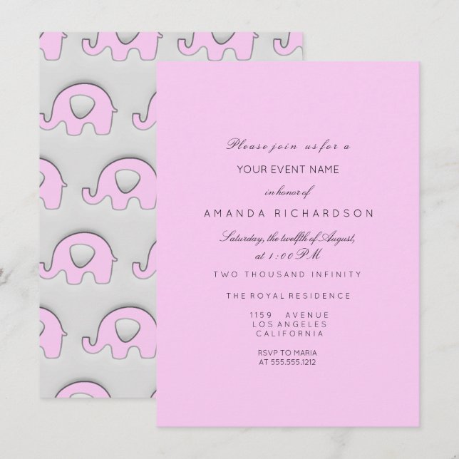 Elephant Glitter Baby Shower Girl Gray Grey Pink Invitation (Front/Back)