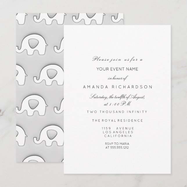 Elephant Glitter Baby Shower Girl Gray Grey White Invitation (Front/Back)
