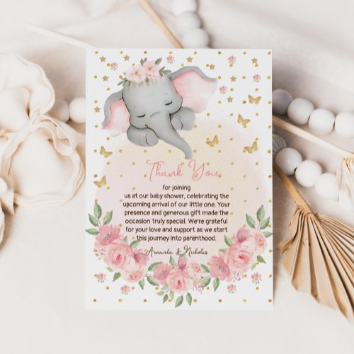 Elephant Glitter Botanical Blush Pink  Thank You Card