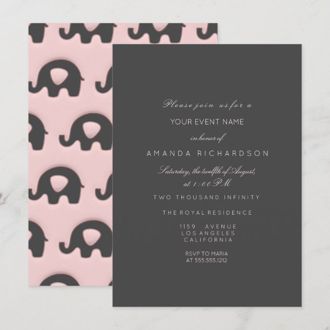 Elephant Glitter Pink Rose Baby Shower Girl Gray Invitation (Front/Back)