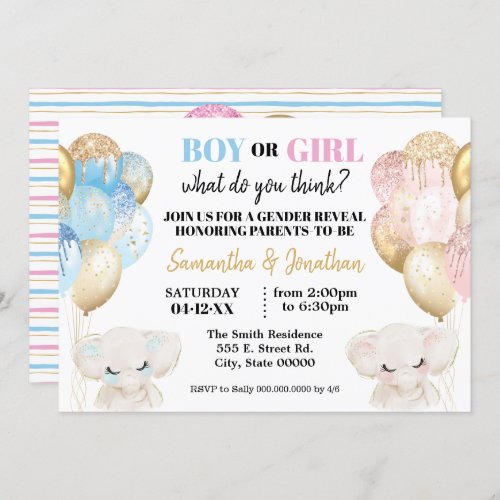 Elephant Gold glitter Balloons gender reveal Invitation