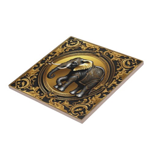 Elephant gold ornamental frame ceramic tile