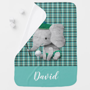 Elephant Golf Boy Custom Name Cute Green Baby Blanket