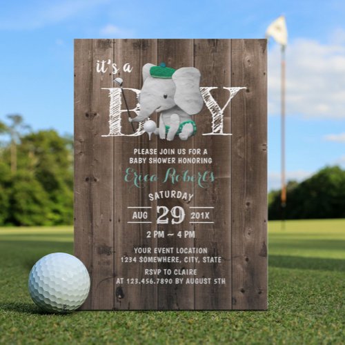 Elephant Golf Boy Rustic Barn Wood Baby Shower Invitation