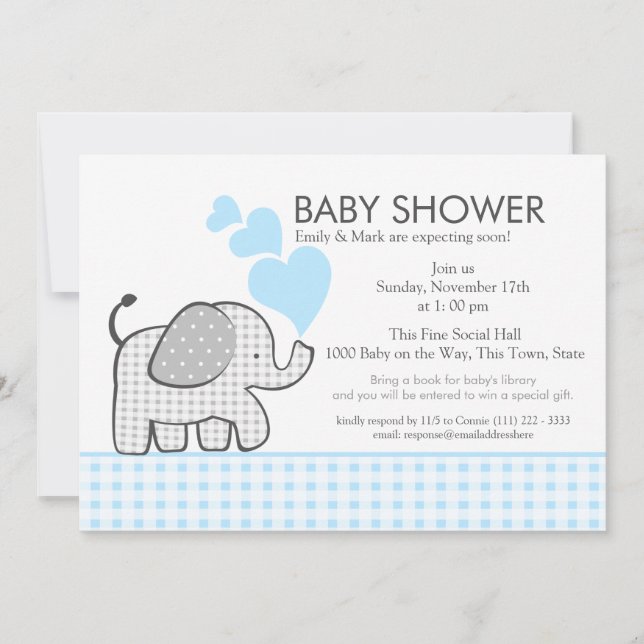 Elephant Gray Gingham Baby Shower Invitation (Front)