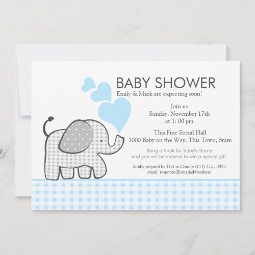 Elephant Gray Gingham Baby Shower Invitation