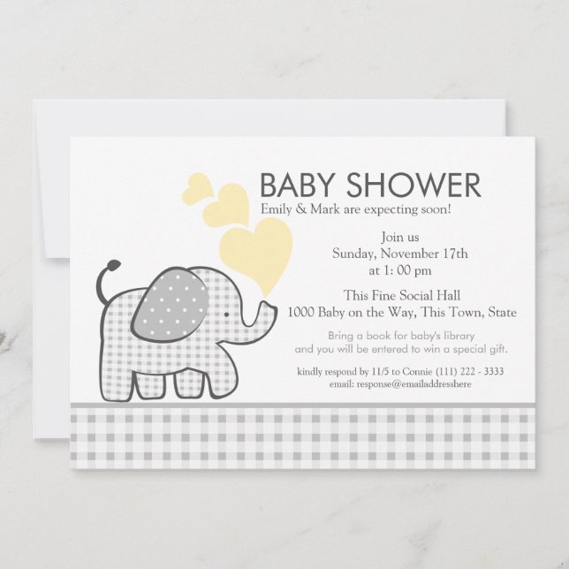 Elephant Gray Gingham Baby Shower Invitation (Front)