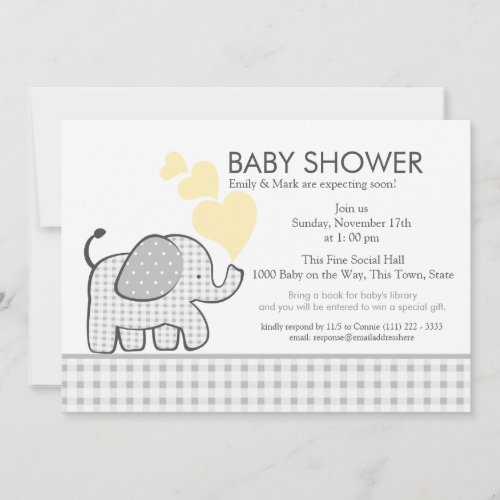 Elephant Gray Gingham Baby Shower Invite