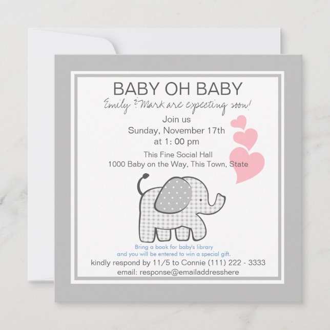 Elephant Gray Gingham Baby Shower Invitation (Front)
