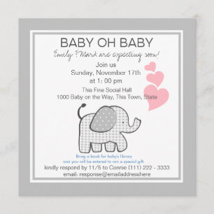 Elephant Gray Gingham Baby Shower Invitation