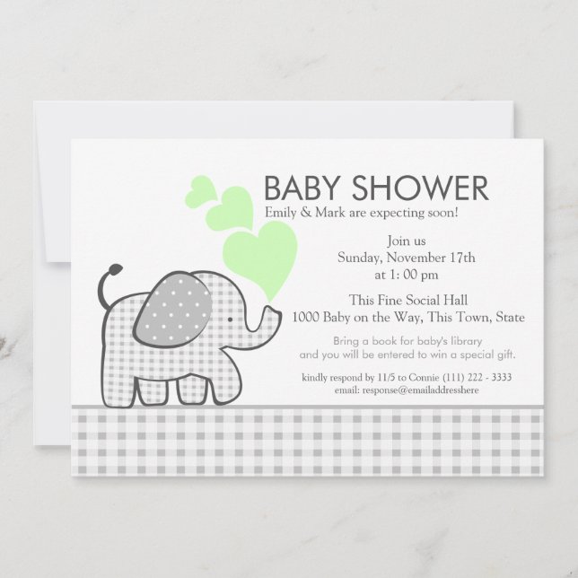 Elephant Gray Gingham Baby Shower Invitation (Front)