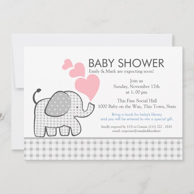 Elephant Gray Gingham Baby Shower Invitation (Front)