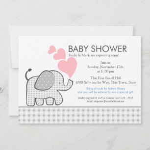 Elephant Gray Gingham Baby Shower Invitation