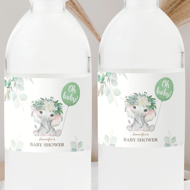 Elephant Green Balloon | Oh Baby Baby Shower Water Bottle Label (Creator Uploaded)