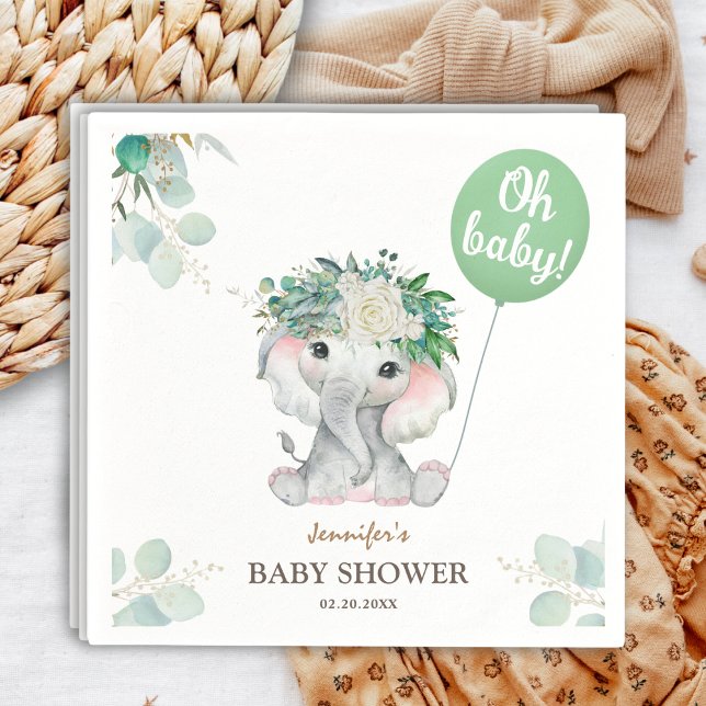 Elephant Green Balloon Oh Boy Baby Shower Napkins (Creator Uploaded)