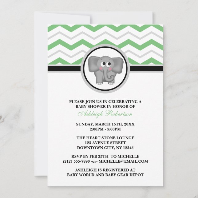 Elephant Green Gray Chevron Baby Shower Invitation (Front)