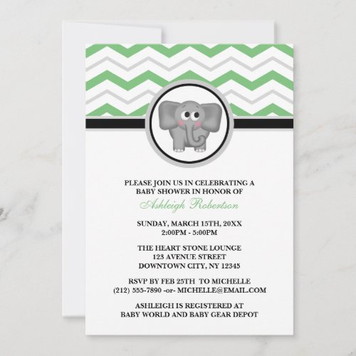 Elephant Green Gray Chevron Baby Shower Invitation