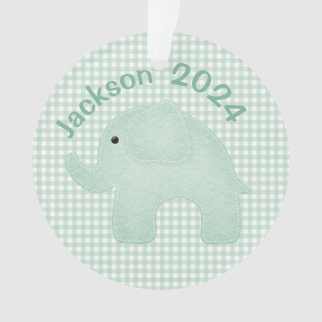 Elephant Green Plaid Gingham Personalized Nursery  Ornament (Front)