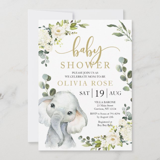 Elephant Greenery Baby Shower Invite (Front)