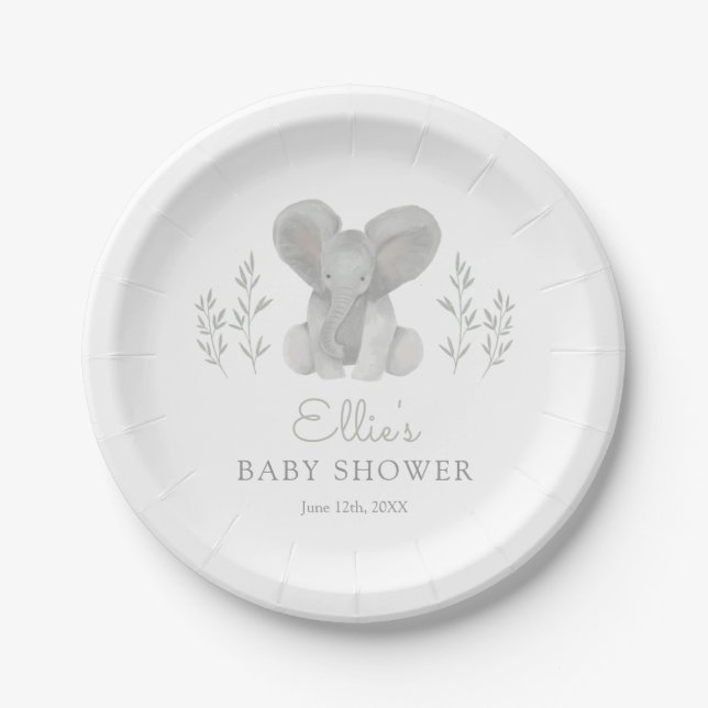 Elephant Greenery Baby Shower Paper Plates (Front)