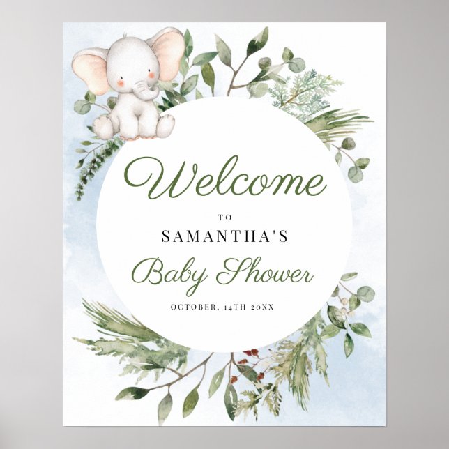 Elephant Greenery Boy Baby Shower Welcome Sign (Front)