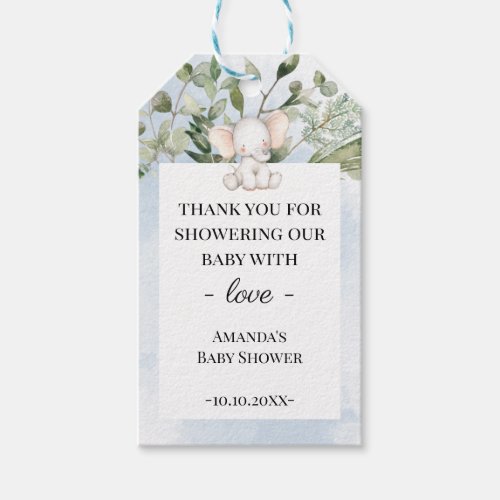 Elephant Greenery Boy Blue Baby Shower Favor Tags