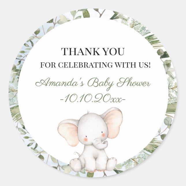 Elephant Greenery Boy Circle Boy Baby Shower Classic Round Sticker (Front)