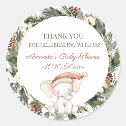 Elephant Greenery Christmas Santa Baby Shower  Classic Round Sticker