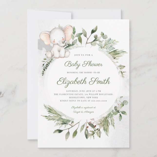 Elephant Greenery Foliage Baby Shower Invitation (Front)